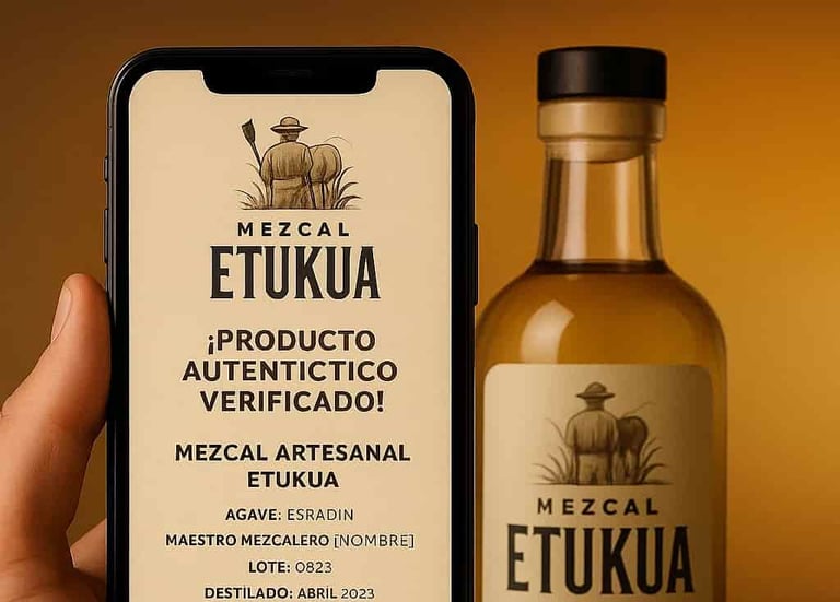 Primer plano de pantalla de smartphone mostrando detalles de verificación de mezcal artesanal Etukua