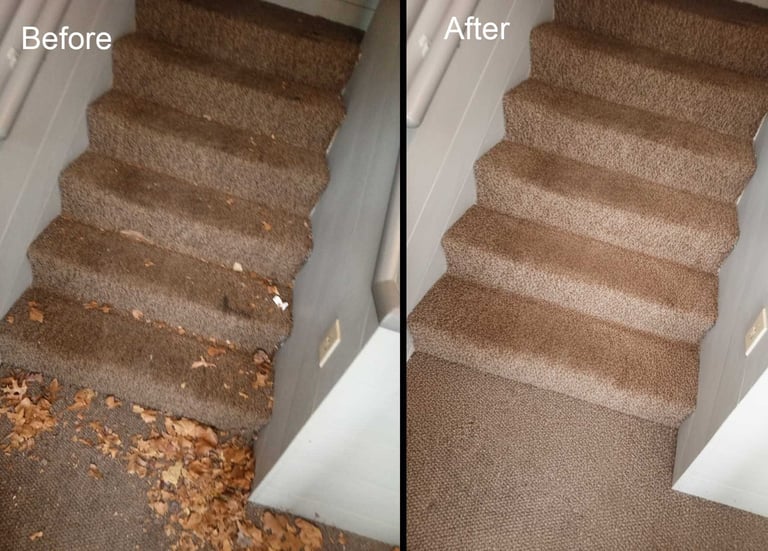 Before and after comparison of professional commercial carpet cleaning on office stairs in Cumberlan