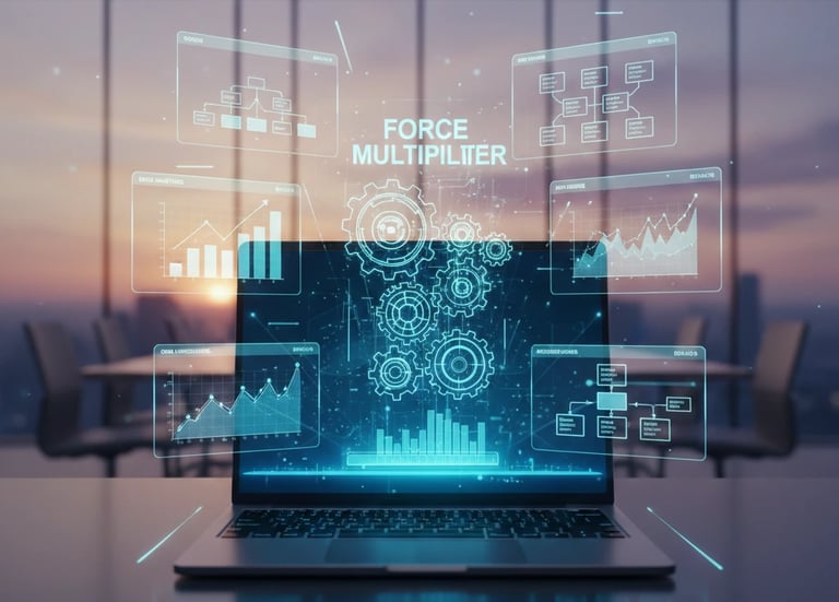 A futuristic digital workspace featuring holographic data visualizations and gear icons symbolizing 