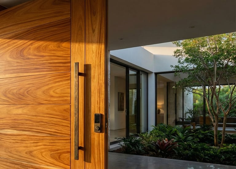 a wooden door with a wooden door and a large window