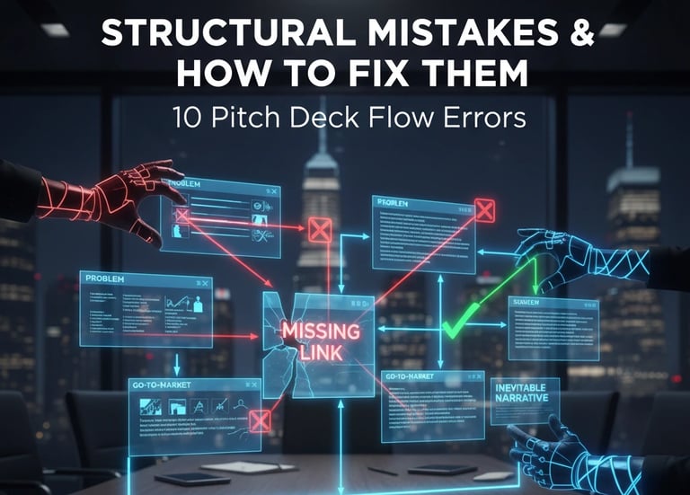  A futuristic digital interface displaying a flowchart of pitch deck structure errors with holograph