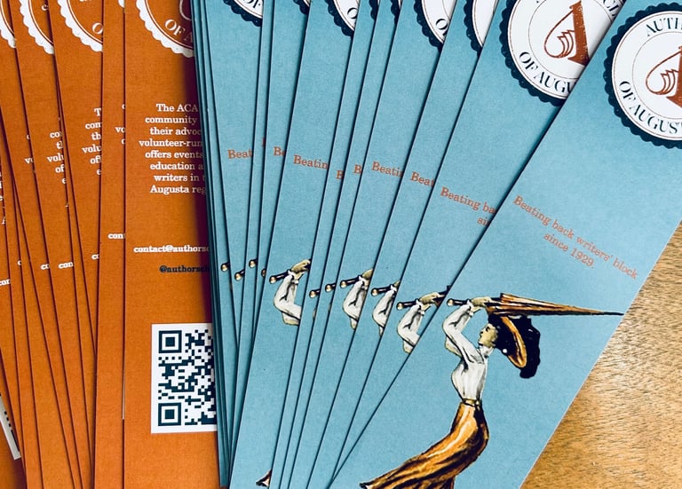 A display of bookmarks for the Authors Club of Augusta featuring a woman with a parasol.