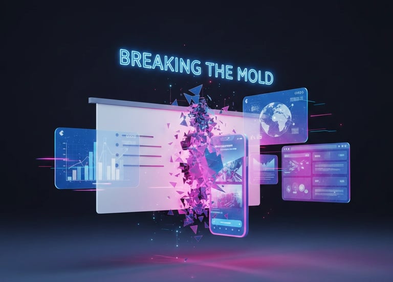  Futuristic digital art featuring a shattering interface with the text "BREAKING THE MOLD" and glowi