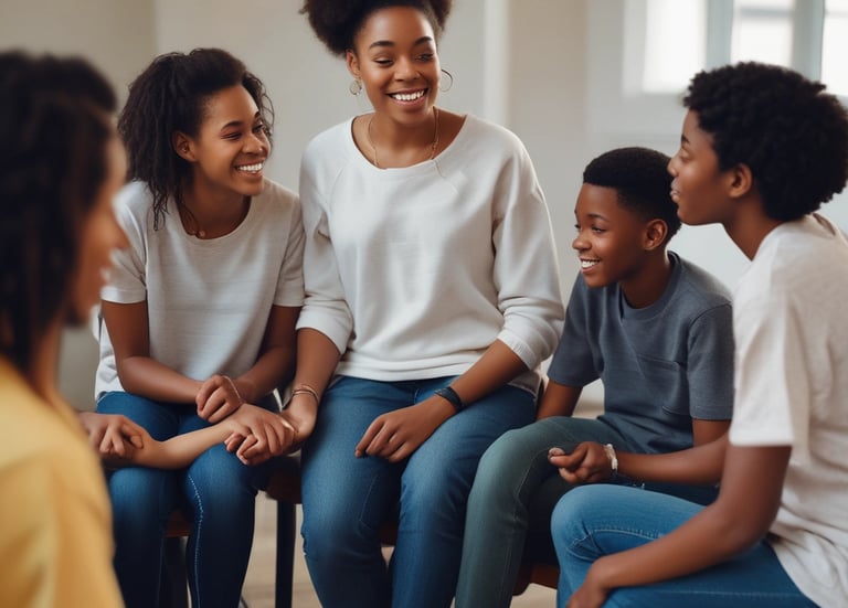 A calm, cozy space where a teenager and counselor engage in open conversation.