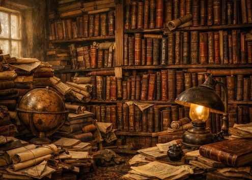 Hard optical illusion puzzle to find the hidden cat in a chaotic library illuminated by a glowing am