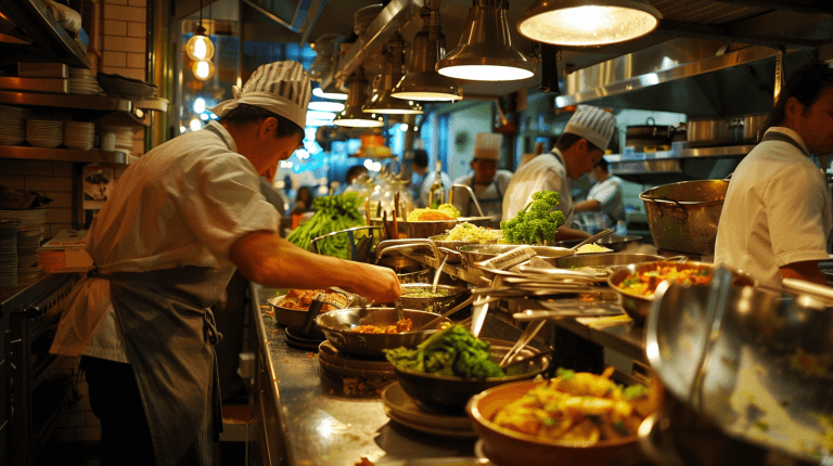 Professional chefs preparing gourmet dishes in a busy commercial restaurant kitchen.