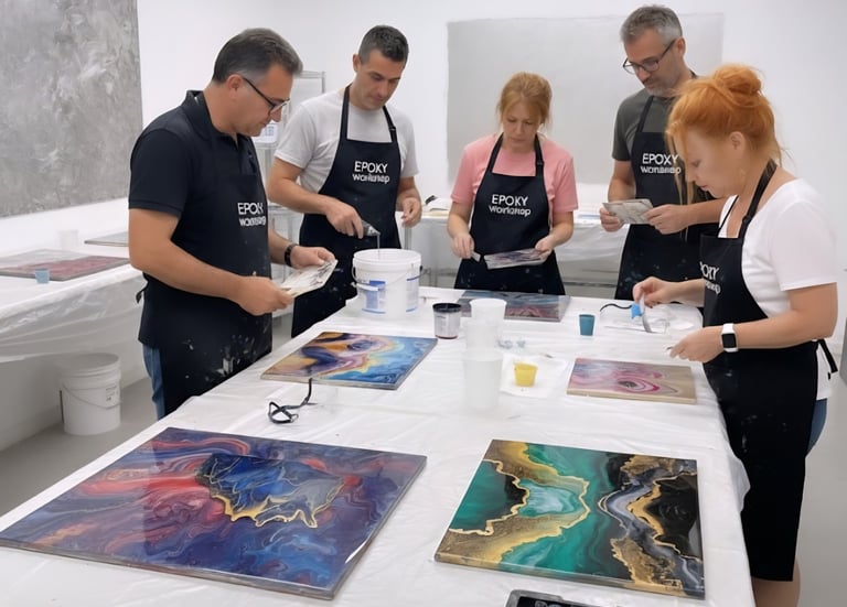 Students in an epoxy resin workshop creating colorful abstract fluid art on wooden boards.