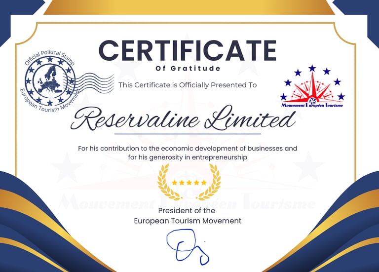 Certificate of Gratitude Reservaline Limited Reservaline.com