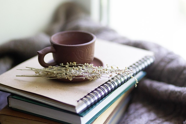 Ceramic tea cup and dried flowers resting on a stack of journals and books near a cozy blanket.