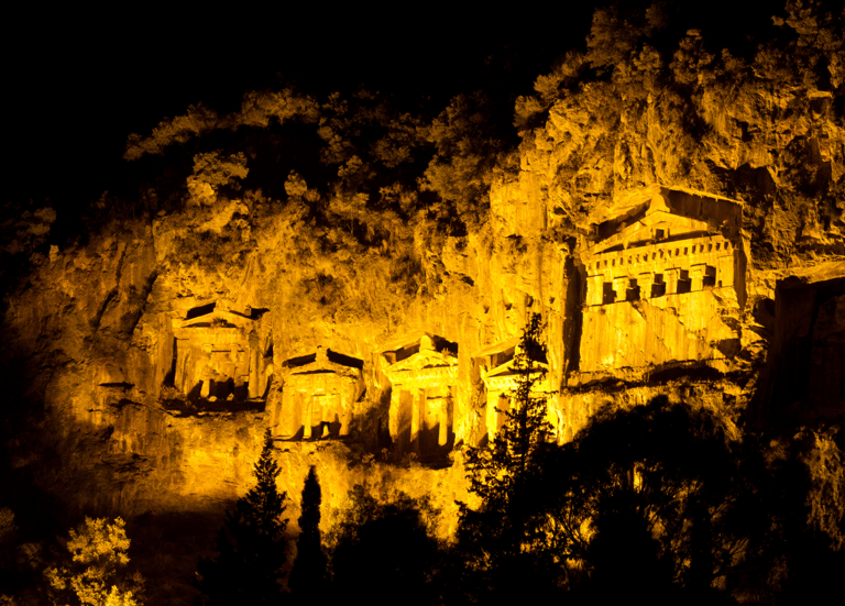 A night view of King's Tombs in Dalyan