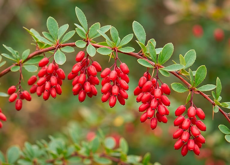 Arbusto de agracejo (Berberis vulgaris) con racimos de bayas rojas, fuente natural de berberina.