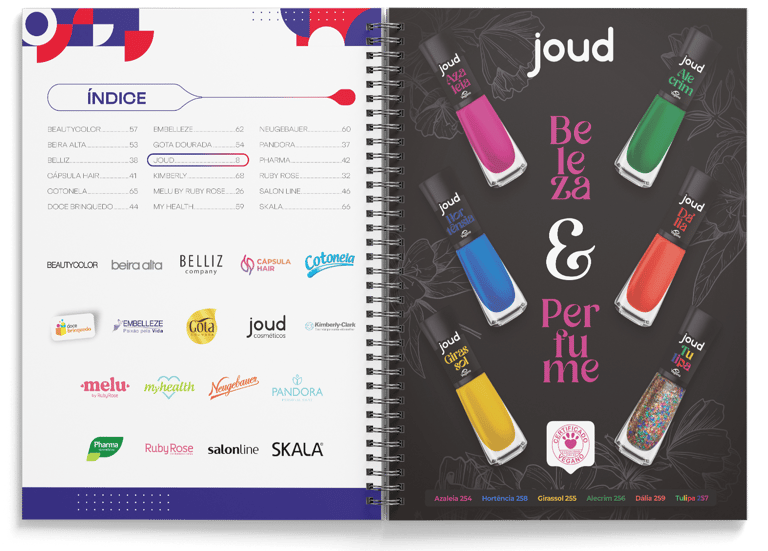 Spiral notebook catalog showing cosmetic brand logos and colorful Joud nail polish bottles.