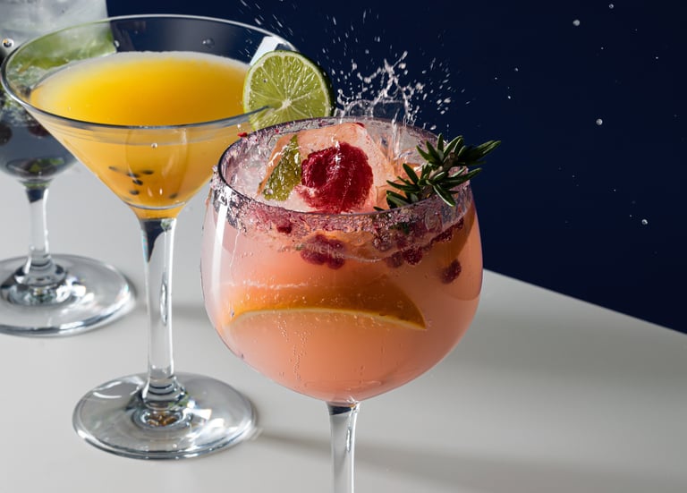 Product photography - a variety of drinks in a row 