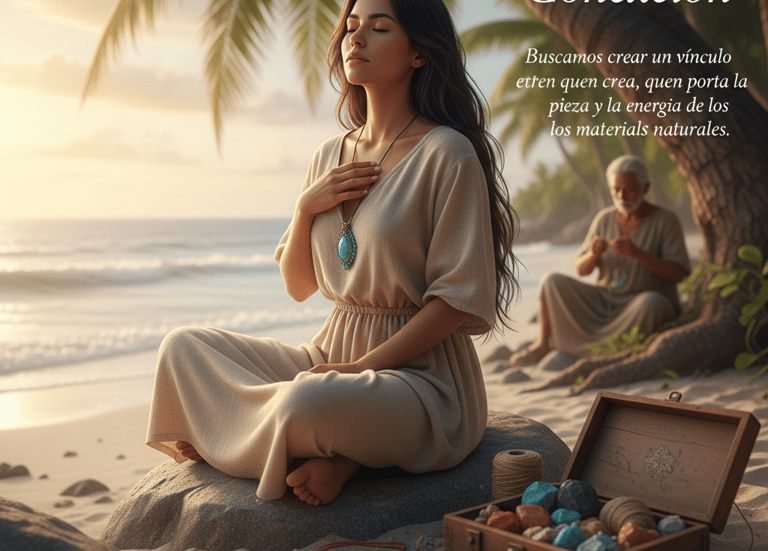 Mujer meditando en la playa con joyería artesanal de turquesa y piedras naturales.