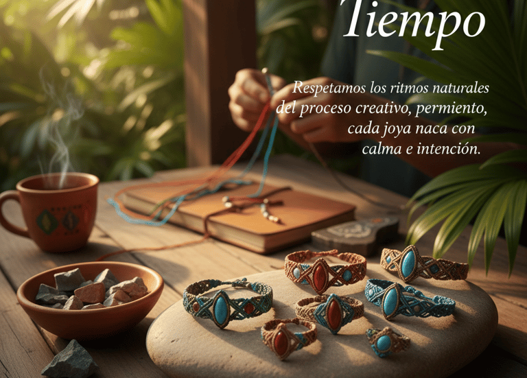 Joyería de macramé con piedras turquesa y rojas sobre mesa de madera.