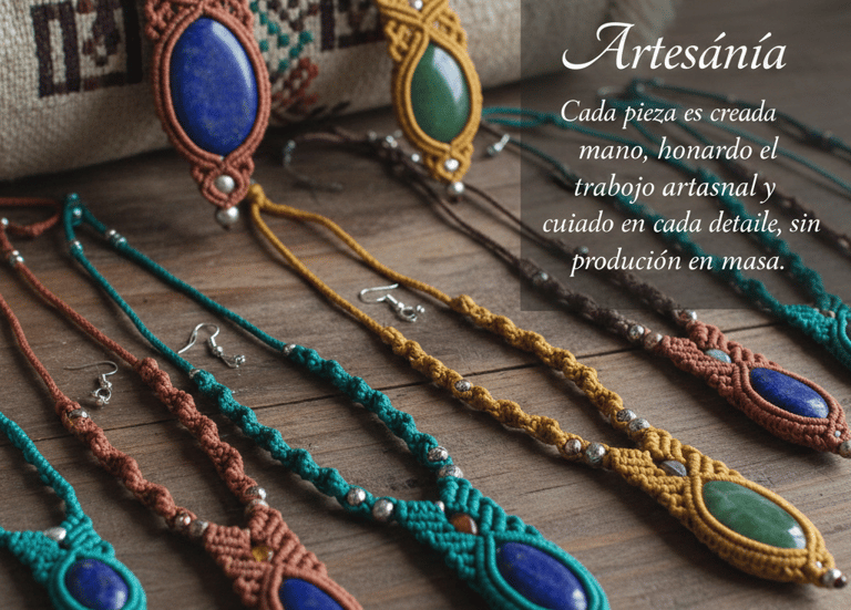 Collares artesanales de macramé con gemas de colores como lapislázuli y jade verde sobre madera 