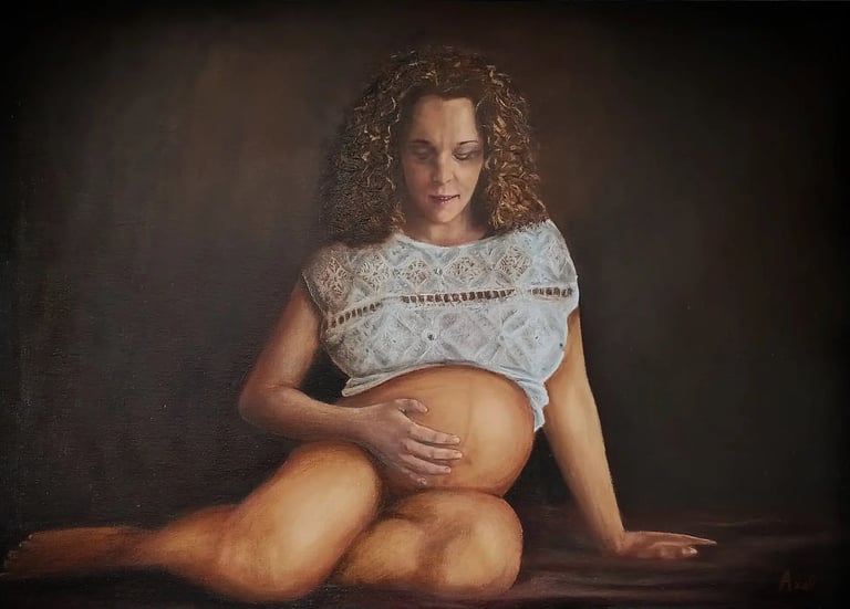 Professional oil portrait of a pregnant woman on canvas by Axel Atelier fine art studio.
