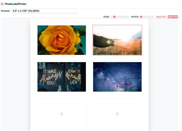 A screenshot of the high-res photo label web app in use, featuring 4 photos of a rose, galaxy, neon sign and hand-holding..