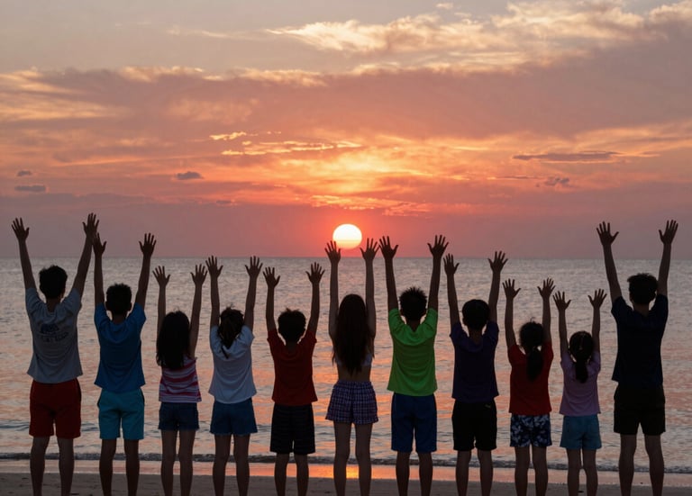 21 children of all ages including adults viewed from behind with their arms raisedh theit atm