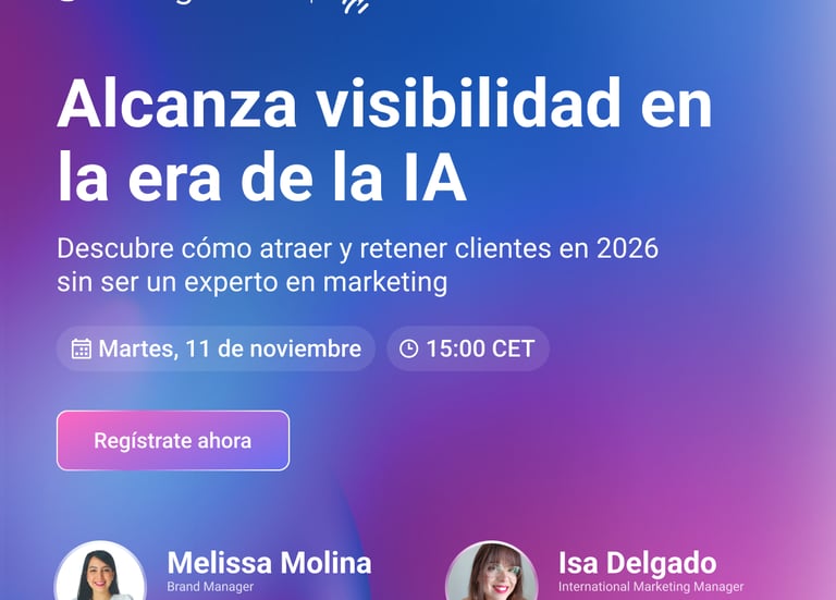 Promotional banner for an AI marketing webinar featuring Melissa Molina and Isa Delgado on November 11th.