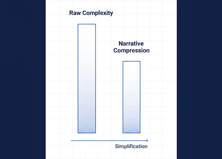 Minimal infographic comparing raw complexity to narrative compression in startup storytelling.