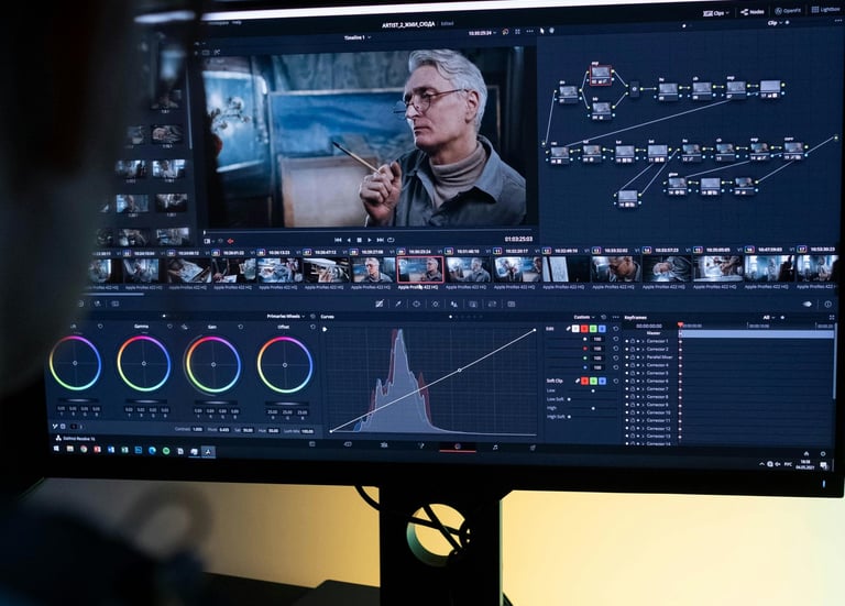 Professional colorist using DaVinci Resolve software for cinematic video editing and color grading.