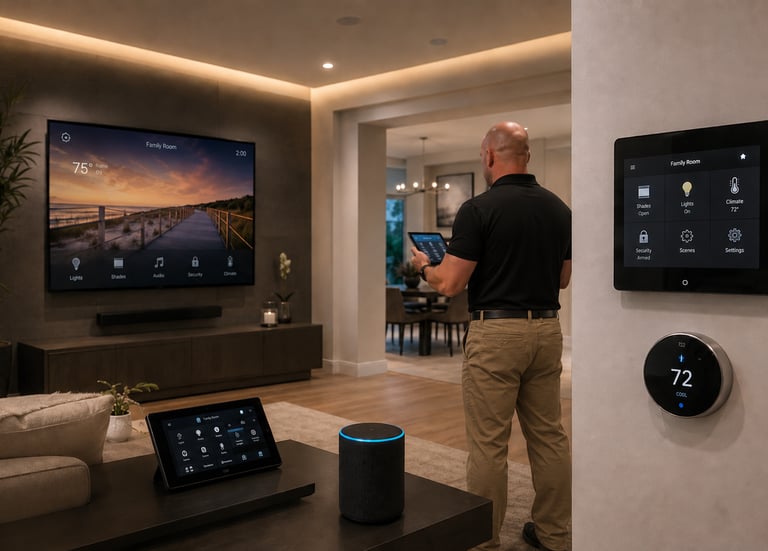 Smart home automation system with wall mounted touch screen, tablet, and smart speaker in modern living room.