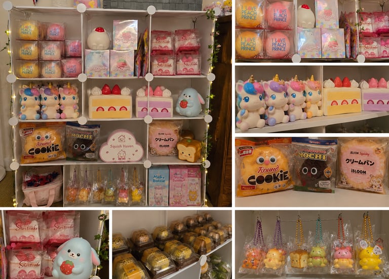 Squish Haven squishy shelf display with iBLOOM and kawaii collectibles