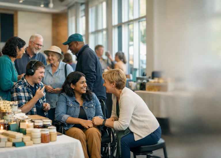 Inclusive market Kelowna with neurodivergent entrepreneurs showing their products
