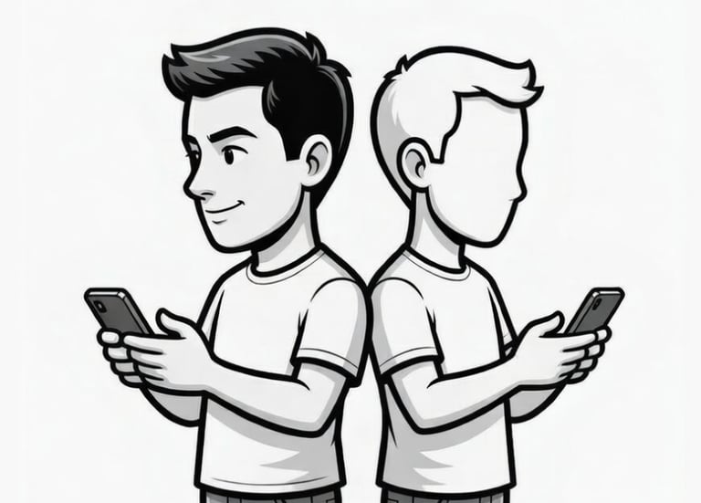 2 cartoon people  facing opposite directions one with facial features one without