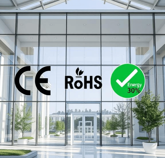 Showcasing CE and RoHS certifications and the Energy 30% compliance for Smart Film used in energy-efficient building design