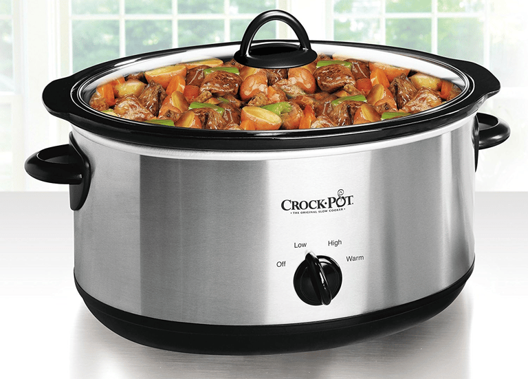 Close-up of Crock-Pot 7 Quart control knob showing high, low, and warm settings.