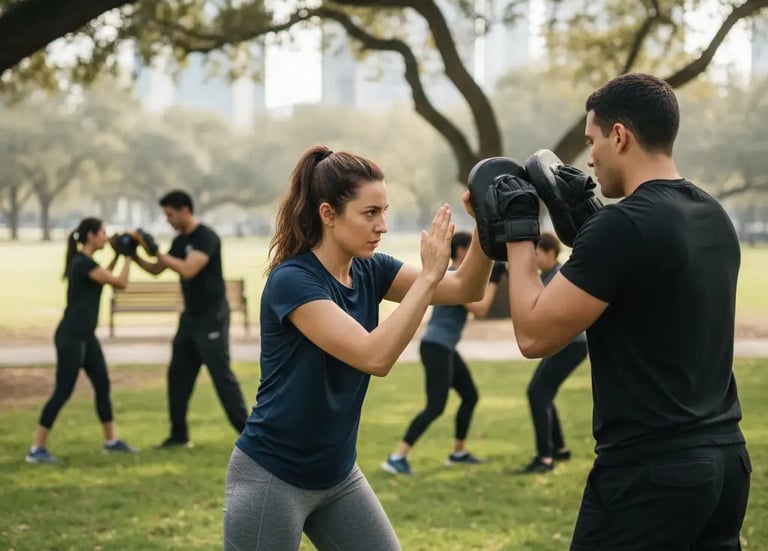 Allenamento di autodifesa all’aperto in un parco: una donna colpisce i guantoni tenuti da un istrutt
