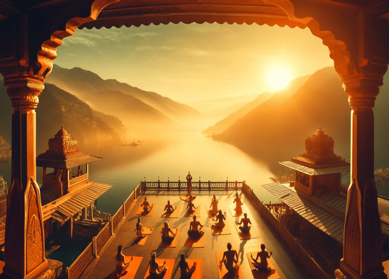 a group of people doing yogas in a lake