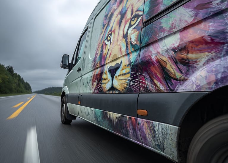 a vandalized vandalized with a lion on it
