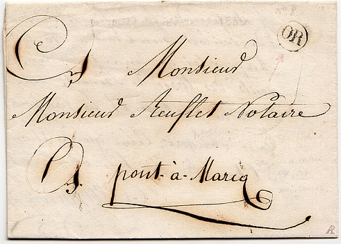 1838 : Lettre remise au facteur (timbre OR : Origine Rurale) dans la commune de BERSEE.