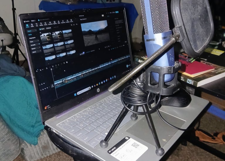 laptop with tonner mic and cap cut open for mtb video editing