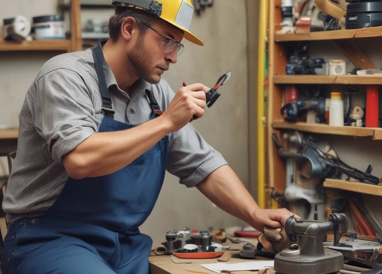 A room with a tiled ceiling and fluorescent lighting contains various electronic and office equipment. On the left, there's a wooden desk with a black server cabinet next to it. In the center of the room, a rack of network cables is visible, organized into a larger unit. To the right, a filing cabinet is mounted on the wall, with a printer/copier machine near the foreground. The walls are plain and the floor is covered in white tiles.