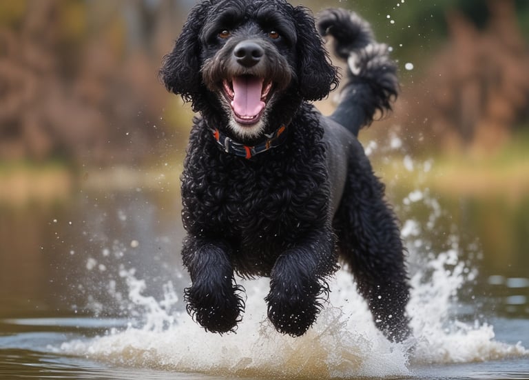 An athletic Portuguese Water Dog, a medium-sized non-shedding breed, playing joyfully in the water.