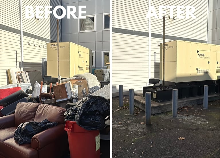 Before and after professional junk removal of furniture and trash near a commercial Kohler power generator.