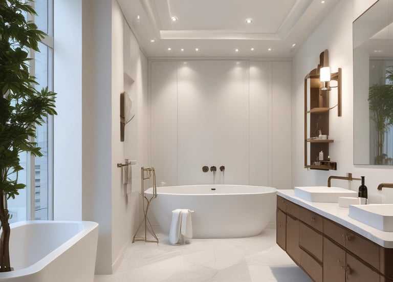 Elegant bathroom vanity with black hardware and beige tiles.