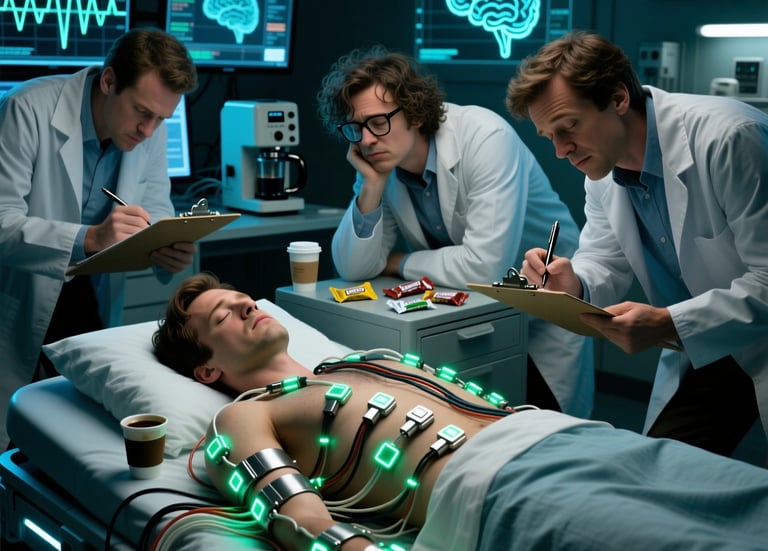 Humorous sleep research lab: scientists awake all night studying sleeping subject covered in wires