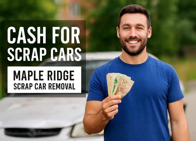 Smiling man holding cash in front of old car promoting Maple Ridge scrap removal.