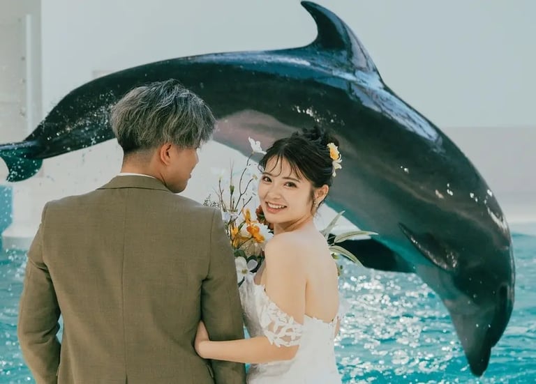 「ノアドルフィンドーム」で新郎新婦とイルカが一緒に写るフォトウェディングの記念写真｜堺市のニュースならサカイタイムズ