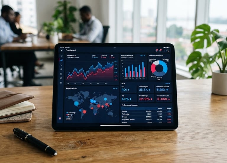 A crisp financial dashboard on a tablet resting on a modern wooden desk in a bright Douala office, natural light, professional editorial photography, 35mm lens