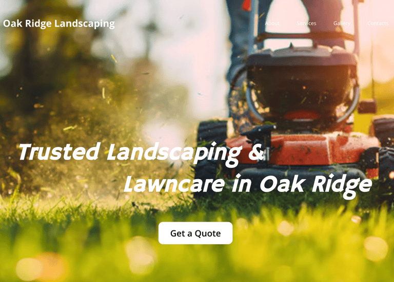 a snapshot of a website for a landscaping company with a man standing on a lawn with a lawn mower