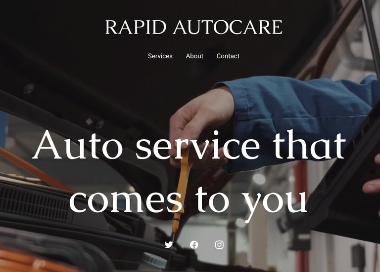 snapshot of a website homepage for a mobile autocare company & someone checking a cars oil dipstick