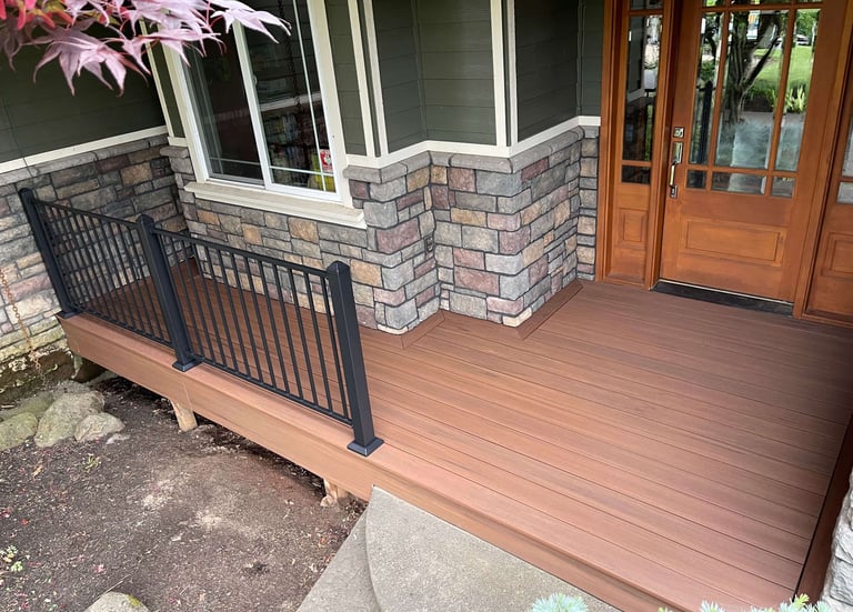 Professional front porch deck installation with modern black metal railings and stone accents.