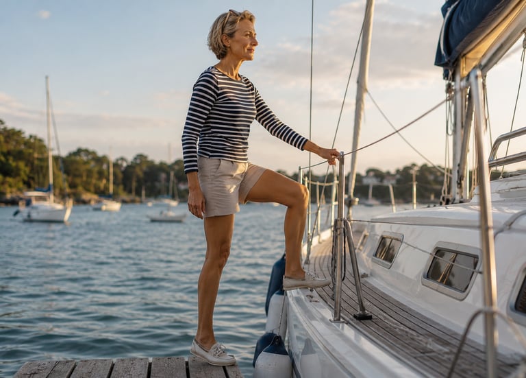 Femme active de 55 ans montant à bord d'un voilier dans le Golfe du Morbihan, illustrant la mobilité des chevilles.