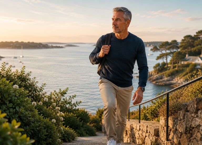 Mobilité des hanches après 40 ans lors d'une montée d'escalier sur la côte du Golfe du Morbihan.